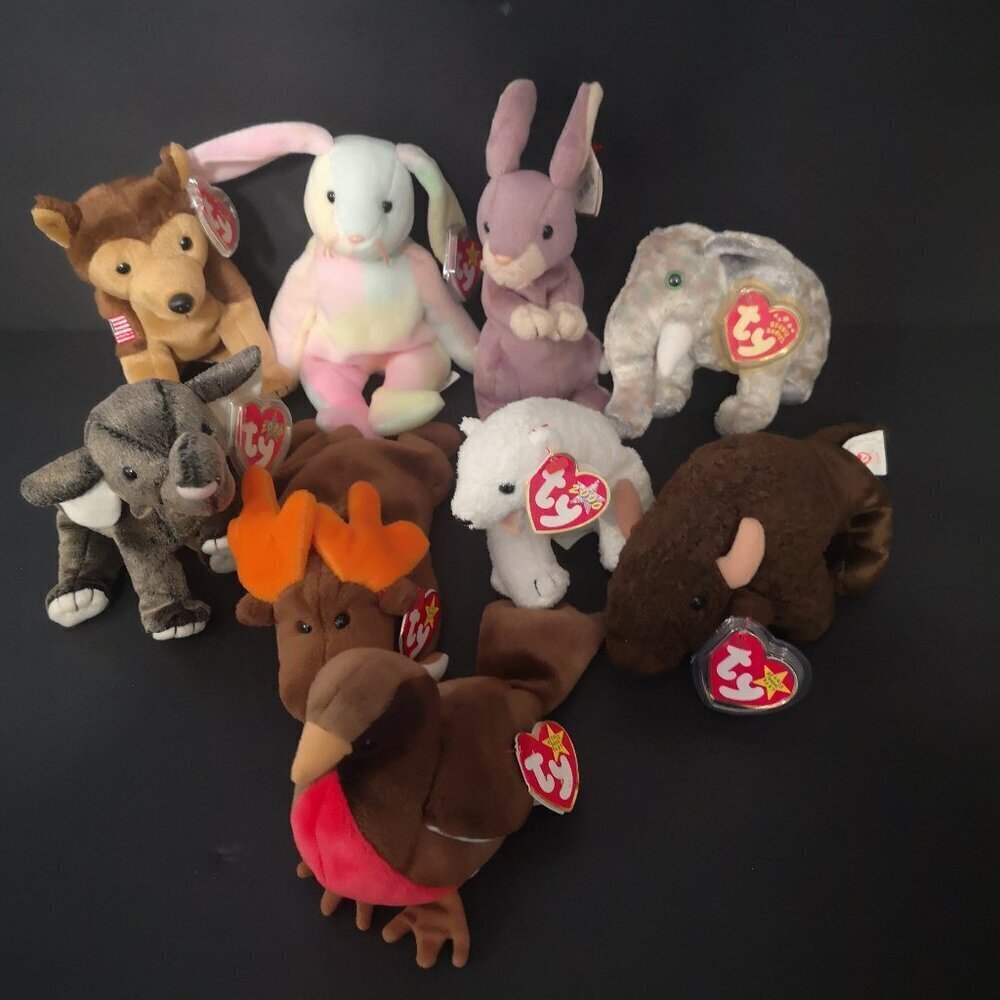 NWT 9 Ty Beanie Babies Collection - Elephant, Bunnies, Buffalo, Robin, Dog, Etc